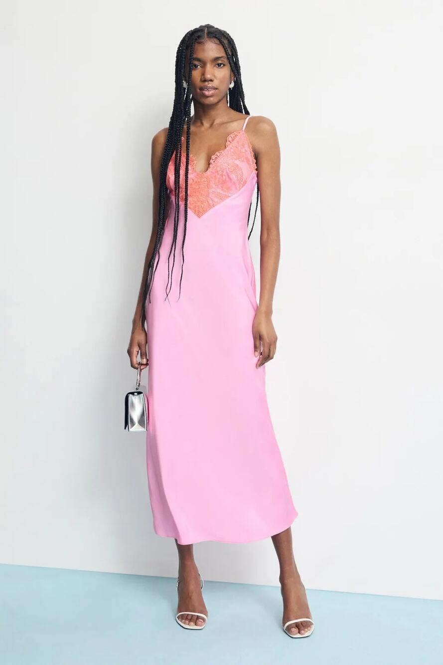 Ronny Kobo Lace Trim Dress Satin Sleeveless V-Neck Spaghetti Straps Midi Pink 10